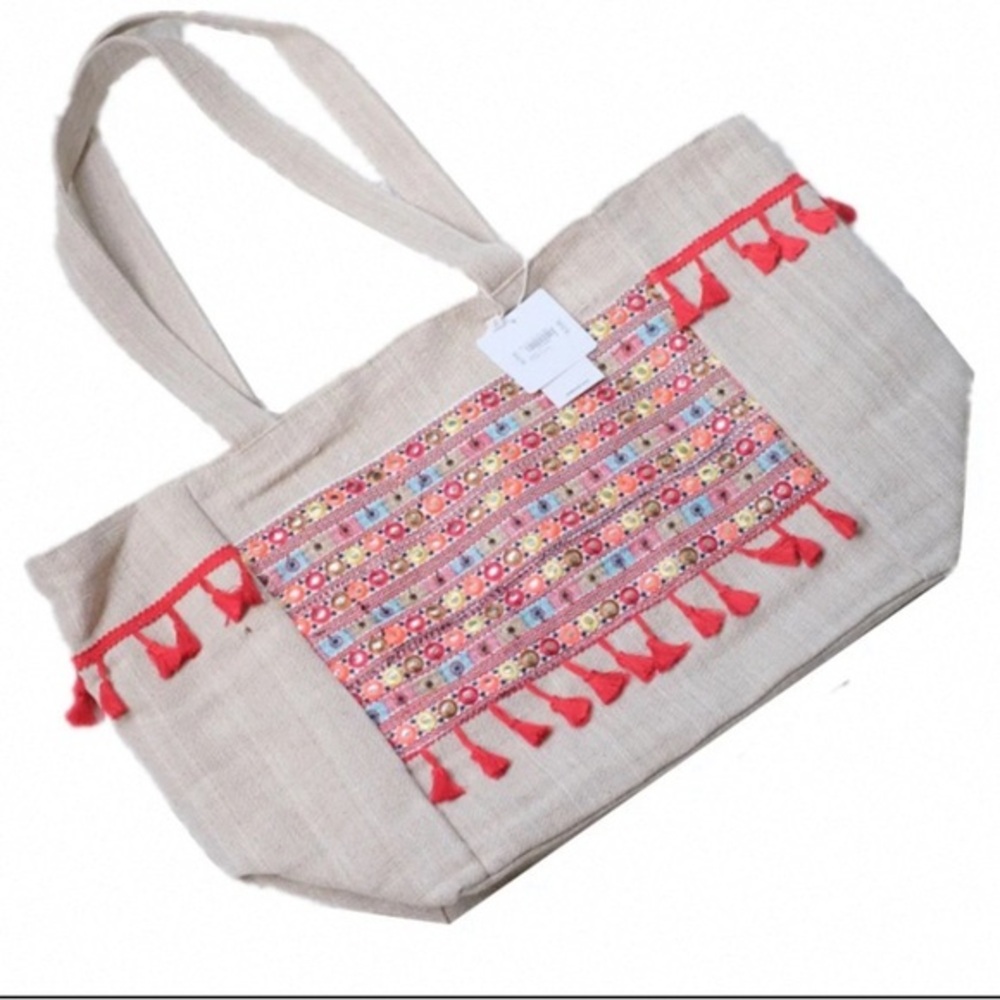 BNWT New Look Embroidery Linen Cotton Blend Summer Beach Tote